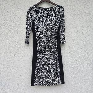 Ralph Lauren Black & White Animal Print Sheath Dress | 3/4 Sleeve Ruched Waist